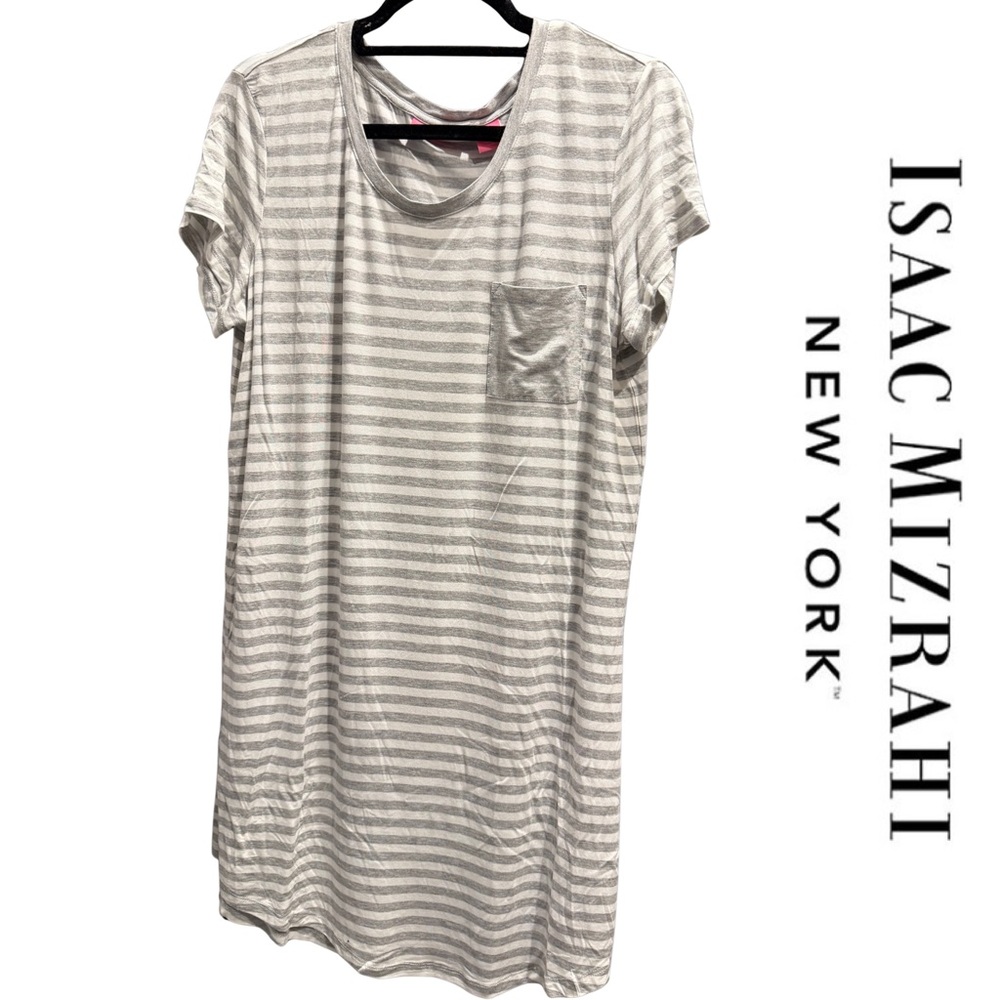 NWOT | Isaac Mizrahi Sleepshirt | Grey & White Stripe & Pocket | Large
